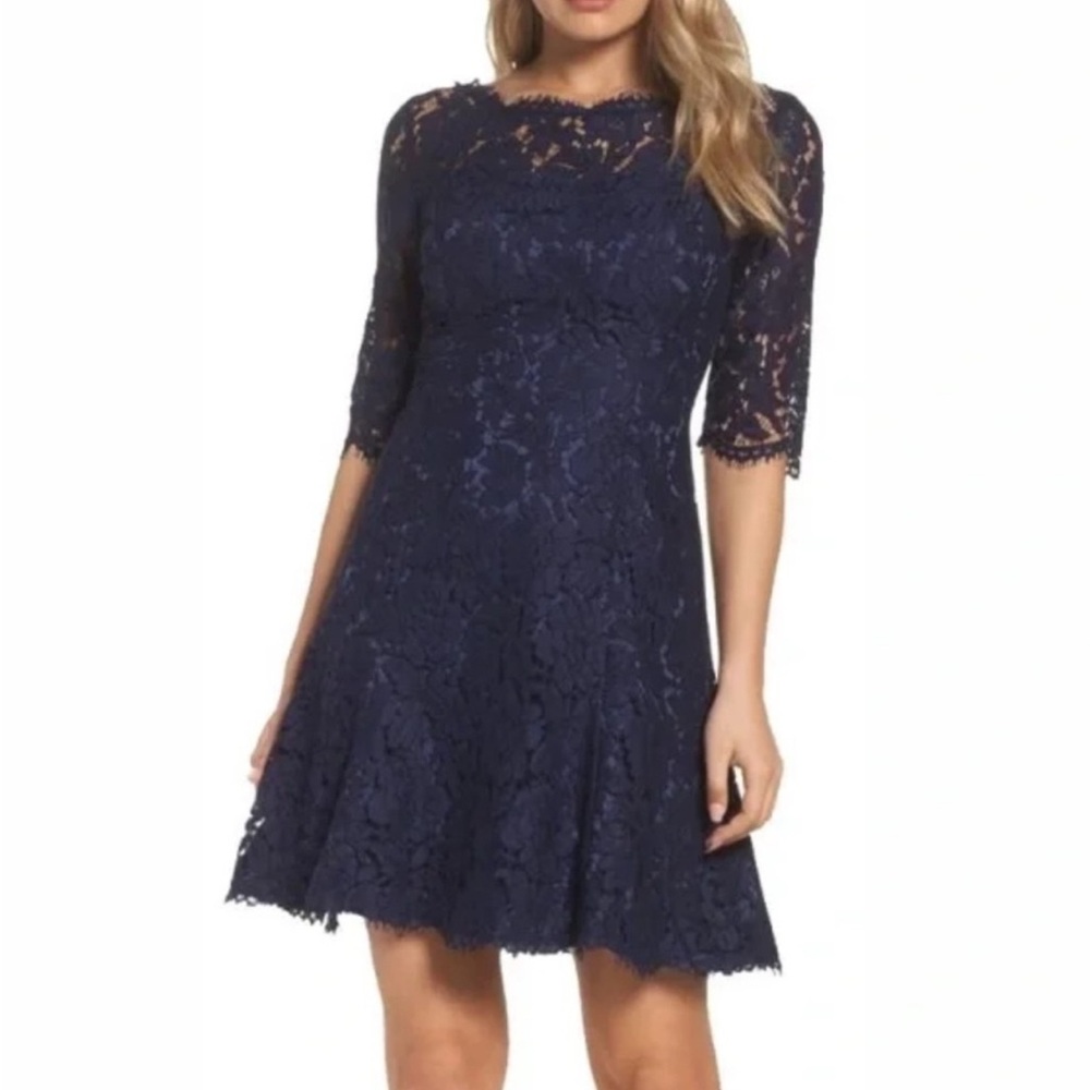 Eliza J Navy Dark Blue Lace Illusion Neck Elbow Sleeve Fit   Dress